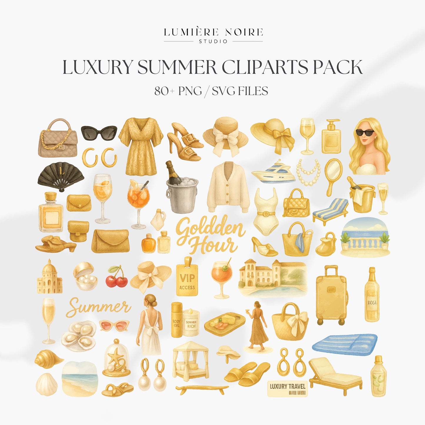 Luxury Summer Cliparts Pack | 80+ PNG & SVG Files | Elegant Digital Download with Master Resell Rights