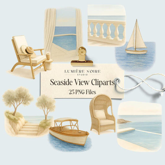 Seaside View Clipart Set | 25 PNG Files | Coastal Luxury Aesthetic | Digital Download with Master Resell Rights