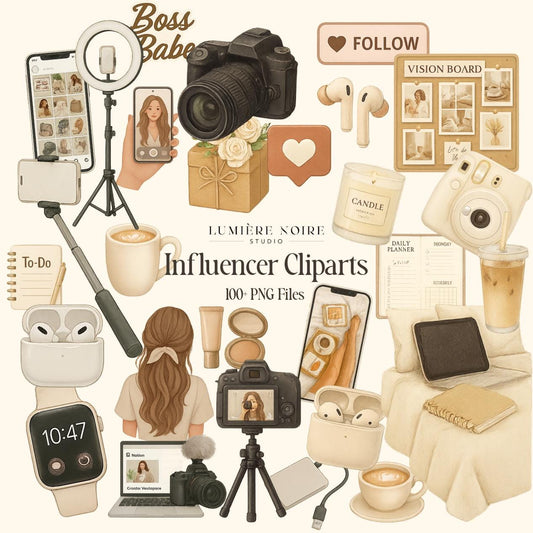 Influencer Clipart Set | 100+ PNG Files | Social Media & Content Creator Aesthetic | Digital Download with Master Resell Rights