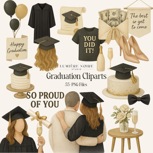 Graduation Celebration Clipart Pack - 55 PNG Files | Elegant Designs with Resell Rights