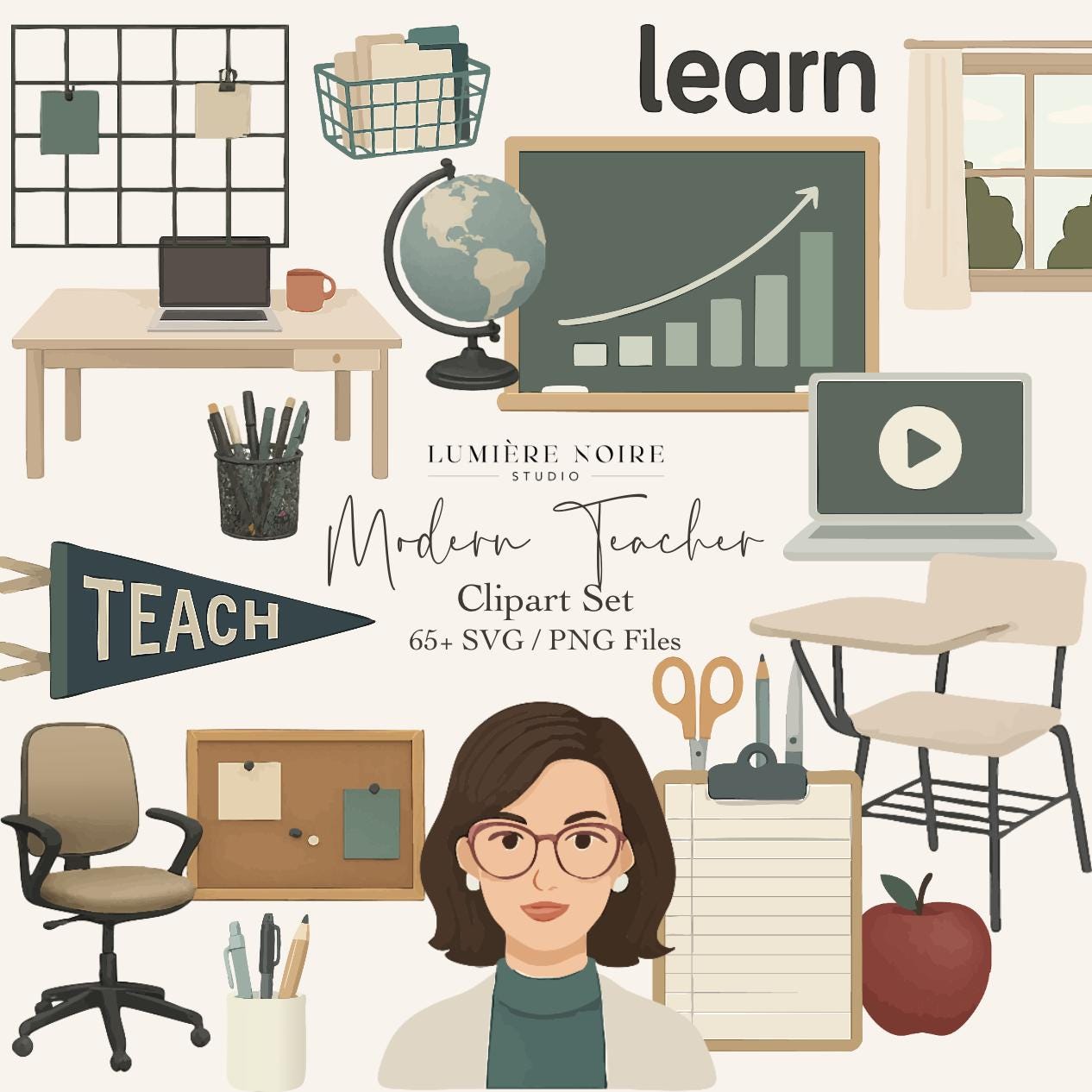 Modern Teacher Clipart Set | 65+ PNG & SVG Files | Classroom and Teacher Essentials | Digital Download with Master Resell Rights