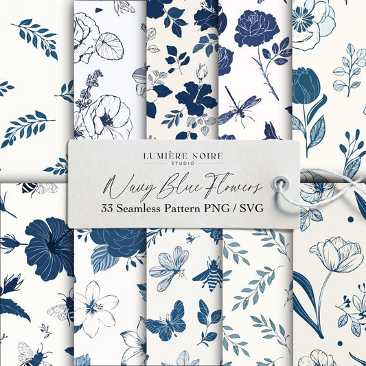 Navy Blue Floral Seamless Patterns – Botanical Line Art PNG SVG Bundle Digital Download with Master Resell Rights