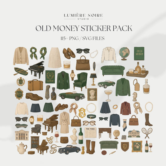 Old Money Aesthetic Sticker Bundle | 115+ Elegant PNG & SVG Cliparts | Quiet Luxury Digital Stickers with Master Resell Rights