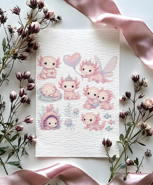 Cute Axolotl Clipart Set – 50+ Pastel PNGs | Kawaii Sea Creatures, Pearls, Shells & Bubbles | Digital Download with Master Resell Rights