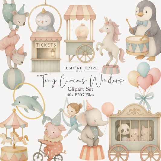 Tiny Circus Wonders Clipart – 40+ Pastel Circus Animals & Carnival PNGs – Baby Shower, Kids Birthday, Nursery Art, Scrapbooking, Sublimation