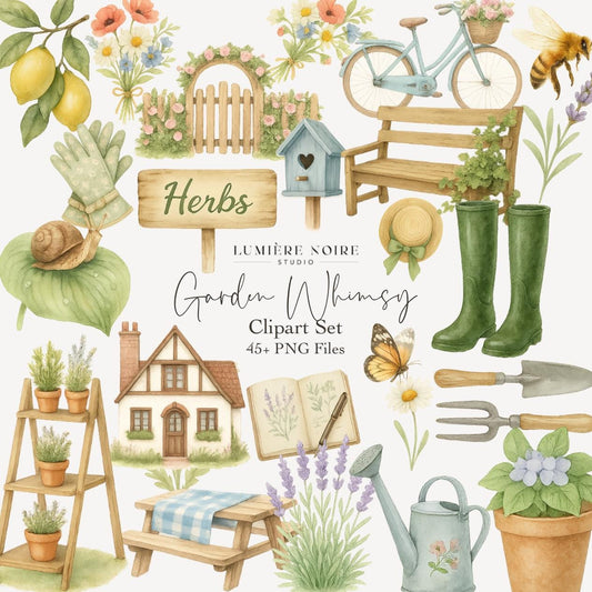 Garden Whimsy Clipart Set – 45+ Cottagecore Gardening PNGs – Watercolor Herbs, Flowers, Tools & Decor for DIY, Scrapbooking and Sublimation