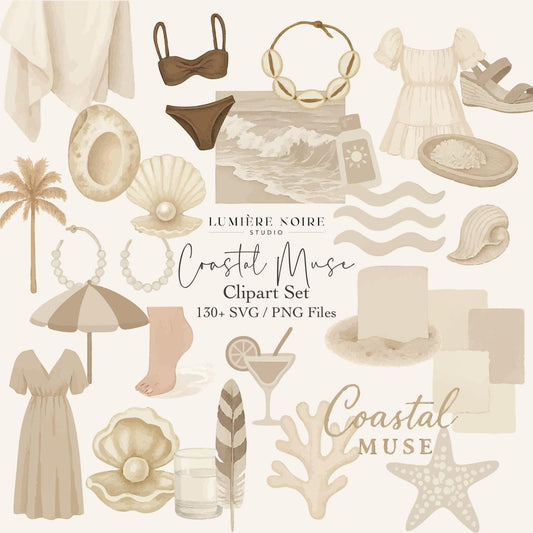 Coastal Muse Clipart Set | 130+ PNG & SVG Files | Neutral Beach Aesthetic Graphics | Digital Download with Master Resell Rights