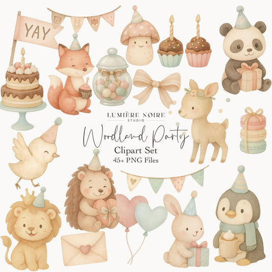 Woodland Party Clipart Set – 45+ Cute Birthday Animals & Pastel Party PNGs – Baby Shower, Nursery Art, Scrapbooking, Sublimation with MRR