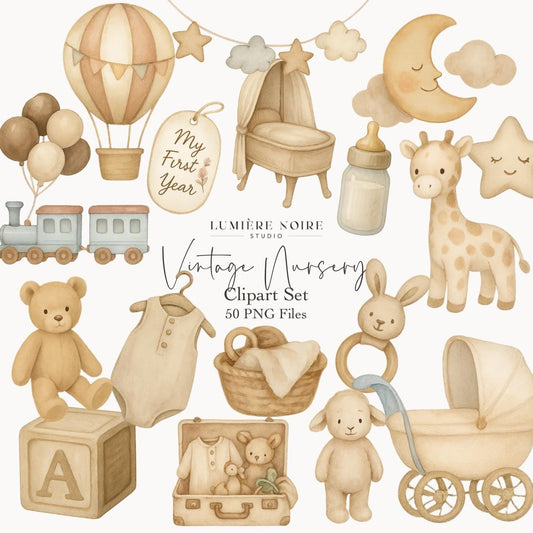 Vintage Nursery Clipart Set – 50 Beige Baby PNGs for Baby Shower, Neutral Nursery Decor, Scrapbooking, Birth Announcements & Sublimation