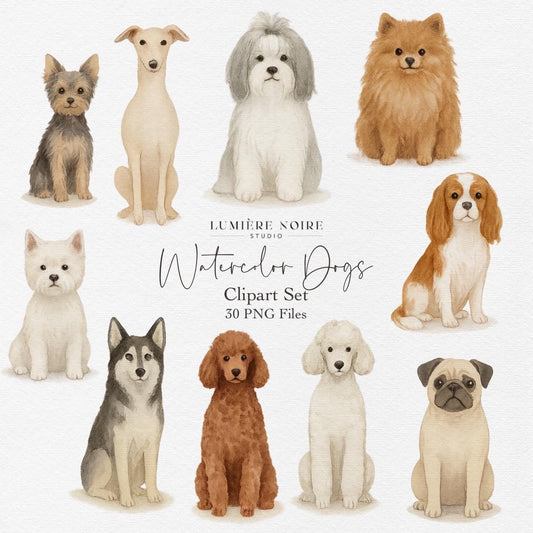 Watercolor Dog Clipart Set – 30 Realistic Dog Breed PNGs – Pet Illustrations for Stickers, Sublimation, Scrapbooking and Custom Gifts