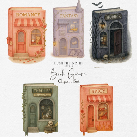 Clipart Book Genre, Digital Stickers for Book Lovers, Fantasy, Romance, Horror, PNG Art, Downloadable Elements