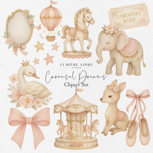 Carousel Dreams Clipart Set – Pastel PNG Stickers | Ballerina, Swan, Carousel & Baby Animal Illustrations for Nursery and Crafts