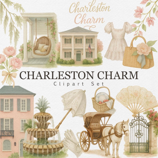 Charleston Charm Clipart Set – 29 Elegant Southern PNGs in Vintage Pastel – Historic Homes, Carriage, Lace, Roses & Southern Belle Elements