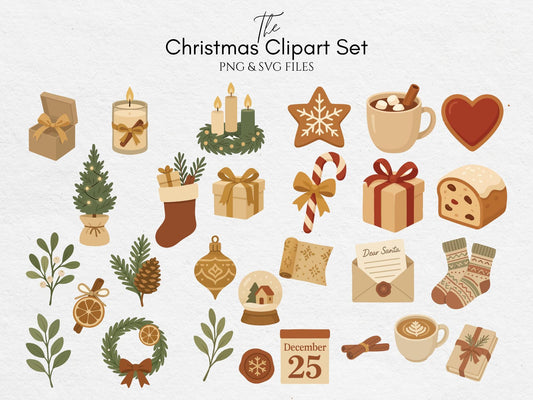 Christmas Clipart Set - Cozy Holiday PNG and SVG Files - Gifts, Cocoa, Wreaths and Ornaments for Stickers, Cards, Planners and Crafts