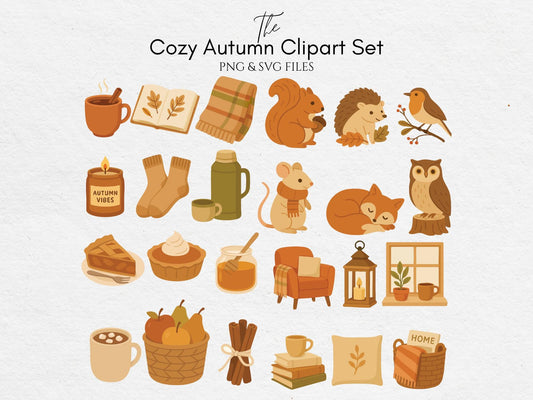 Cozy Autumn Clipart Set – PNG / SVG Files – Warm Autumn Animals, Coffee, Candles and Home Decor Stickers for Planners & Crafts