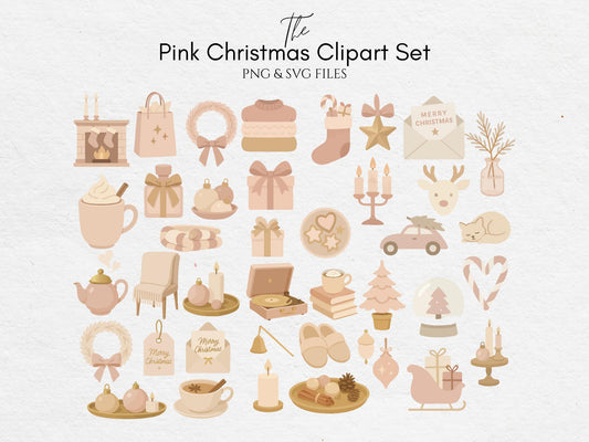 Pink Christmas Clipart Set – Aesthetic Holiday PNG & SVG Illustrations | Cozy Pastel Xmas Decor and Gifts