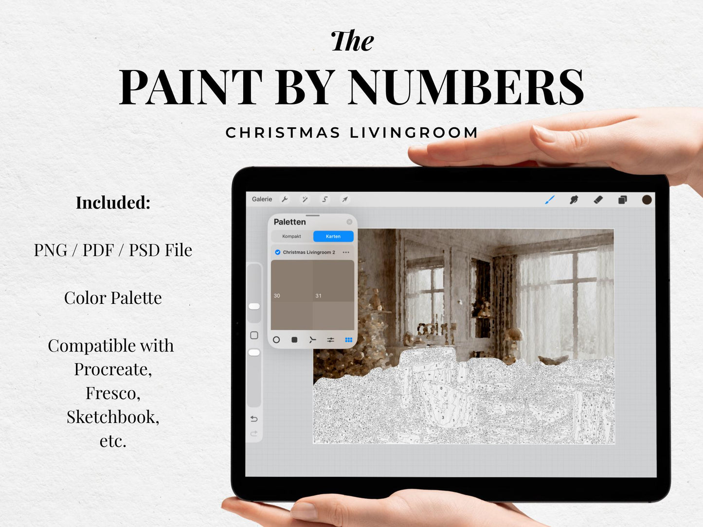 Christmas Livingroom Paint by Number – Digital Kit (Png/Pdf/Psd) • Procreate Compatible • DIY Coloring Page • iPad Art