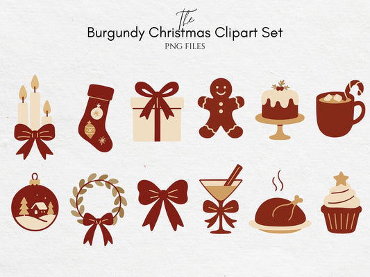 Burgundy Christmas Clipart Set – 31 PNG Files | Minimalist Holiday Clipart, Burgundy & Gold Christmas Icons, Xmas Stickers, Winter Graphics